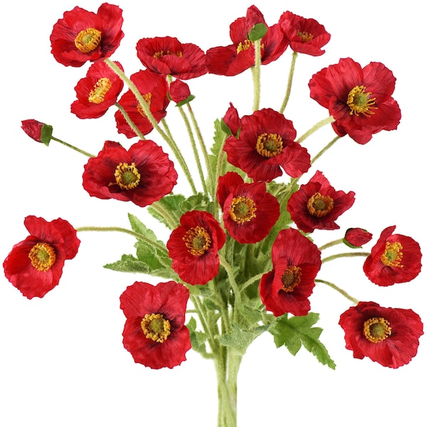 FiveSeasonStuff Silk Poppies Artificial Flower Bouquet for Remembrance Home Wedding 23.6"/60cm 6 Stems (Red)
