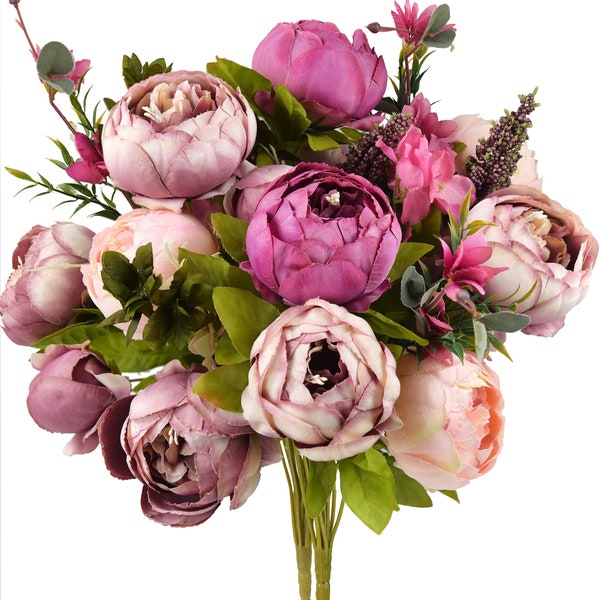 Celestial Beauty: A Pair of Eternal Artificial Silk Peony Bouquets in Shades of Magenta, Red Oyster, Faded Pink, Pink-Purplish, and Pink