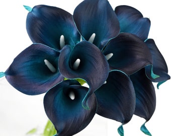 Dark Blue Calla Lilies Bouquet, Real Touch Artificial Flowers, DIY Decor
