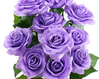 Lilac Purple Pink Real Touch Roses Silk Artificial Flowers ‘Petals Feel and Look like Fresh Roses' (10 Stems) FiveSeasonStuff Floral