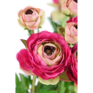 May include: Close-up of a bouquet of artificial ranunculus flowers. The flowers have multiple layers of petals in shades of pink, with a darker center. Green leaves and stems are visible.