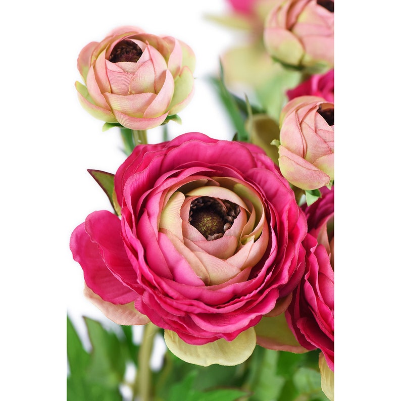 May include: Close-up of a bouquet of artificial ranunculus flowers. The flowers have multiple layers of petals in shades of pink, with a darker center. Green leaves and stems are visible.