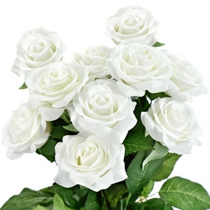 White Real Touch Roses Silk Artificial Flowers ‘Petals Feel and Look like Fresh Roses&#39; 10 Stems - FiveSeasonStuff Floral