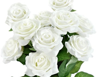 White Real Touch Roses Silk Artificial Flowers ‘Petals Feel and Look like Fresh Roses' 10 Stems - FiveSeasonStuff Floral