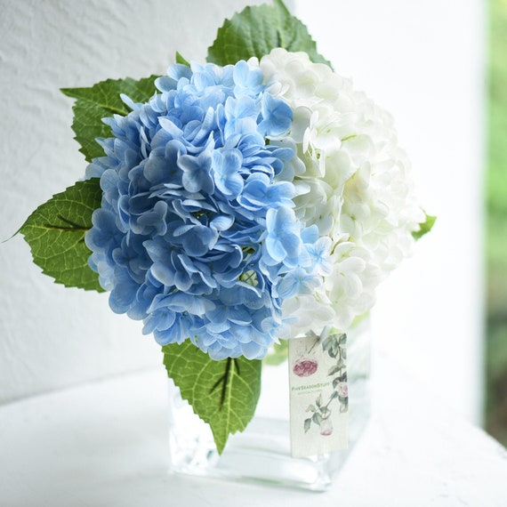 Echte Hauch künstliche Hortensie | Blaues & weißes Blumenarrangement, 2 Stiele