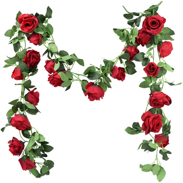 FiveSeasonStuff 2pcs Artificial Silk Rose Garland Vine Plant Flower Faux Hanging Leaves (14.4 ft length) Decoration, Wedding Bridal (Red)
