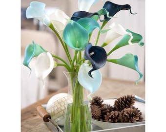 15 Posh Blue Calla Lilies: Real Touch PU Flower Stems