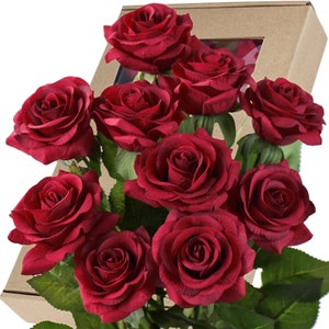Dark Red Real Touch Roses Silk Artificial Flowers ‘Petals Feel and Look like Fresh Roses' 10 Stems - FiveSeasonStuff Floral