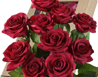 Dark Red Real Touch Roses Silk Artificial Flowers ‘Petals Feel and Look like Fresh Roses' 10 Stems - FiveSeasonStuff Floral