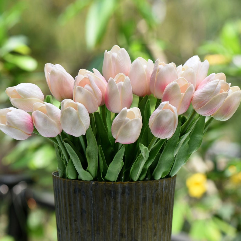May include: A bouquet of pale pink tulips with green stems arranged in a rustic metal vase.