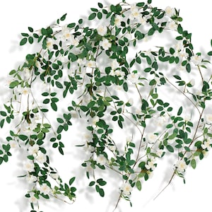 FiveSeasonStuff 2 Pcs 12ft Bendable Flower Garland Artificial Silk Wild Rose Vine Leaves Hanging Flowers for Wall Decoration (White)