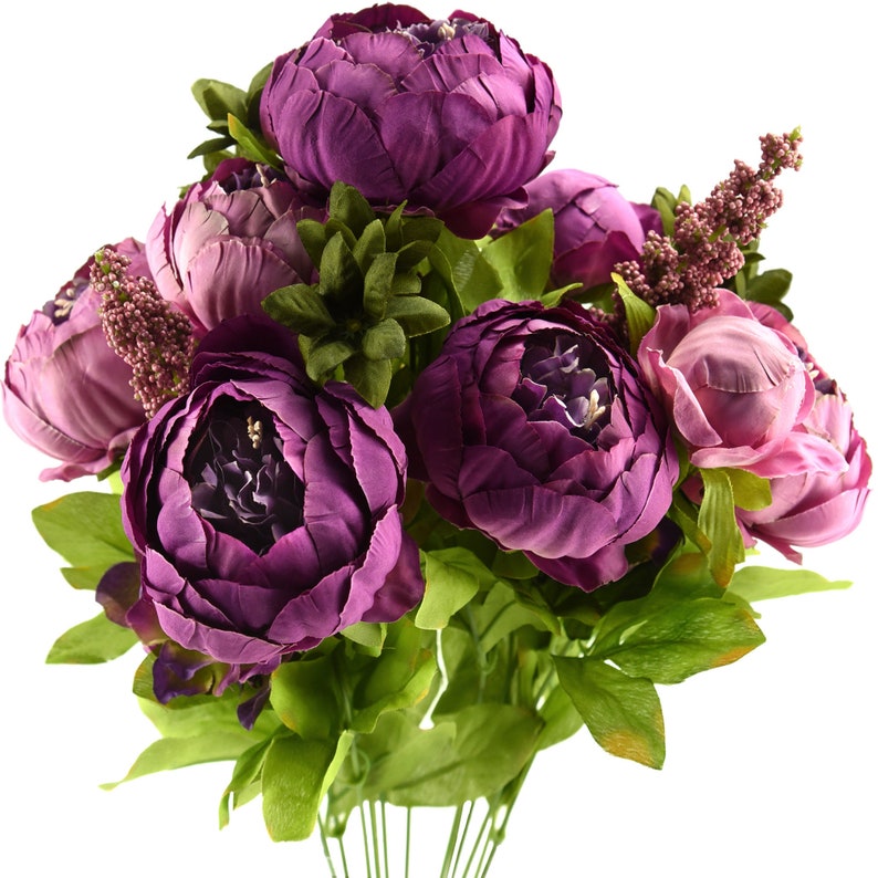Fiveseasonstuff Purple Silk Peonies Artificial Flower Bouquet Etsy