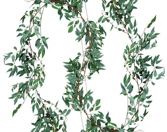 May include: A long garland of artificial greenery with dark green leaves and brown stems. The garland is twisted into a double loop shape.