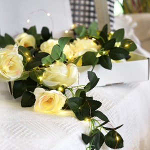 14 Ft 2 Pack Cream White Rose Silk Flower Garland Artificial Flowers Decoration Hanging Floral with 33 feet String Lights