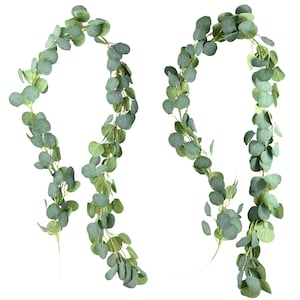 May include: Two strands of artificial eucalyptus greenery garland, each with a long stem and a loop of leaves. The leaves are a light green color and have a realistic texture.