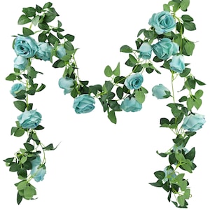 FiveSeasonStuff 2pcs Artificial Silk Rose Garland Vine Plant Flower Leaves (Total 14.4 ft length/ 4.4meters) for Decoration, Wedding (Blue)