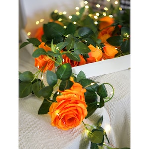 14 Ft 2 Pack Mandarin Orange Rose Silk Flower Garland Artificial Flowers Decoration Hanging Floral with 33 feet String Lights