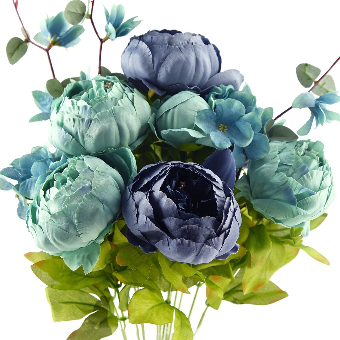 Fiveseasonstuff Mixed Blue Silk Peonies Artificial Flower Bouquet Etsy