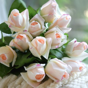 Antique White Pink Long Stem 21 inch Roses Real Touch Silk Artificial Flowers ‘Petals Feel and Look like Fresh Roses&#39; FiveSeasonStuff Floral