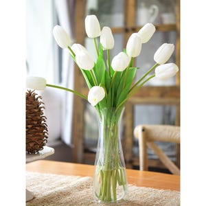 12 White Long Stem Artificial Tulips – Real Touch Flowers with Foldable Vase