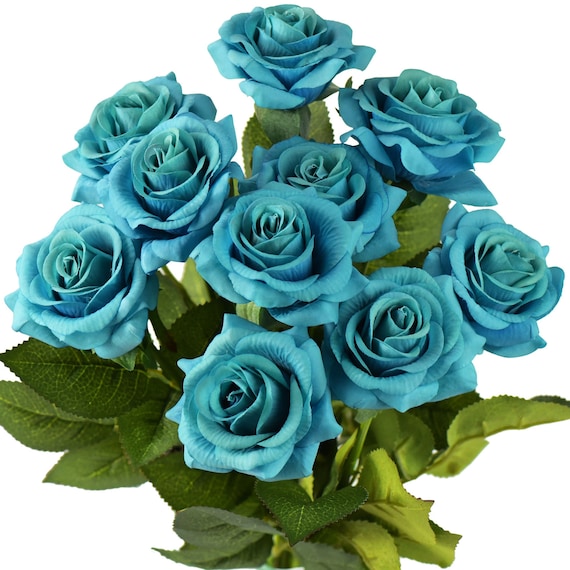 12 x Light Teal Silk Roses Artificial Flowers Wedding Home Decor Home Display 