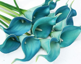 Real Touch Calla Lilies, Jade Blue Bouquet, Handmade Flowers (10 Stems)
