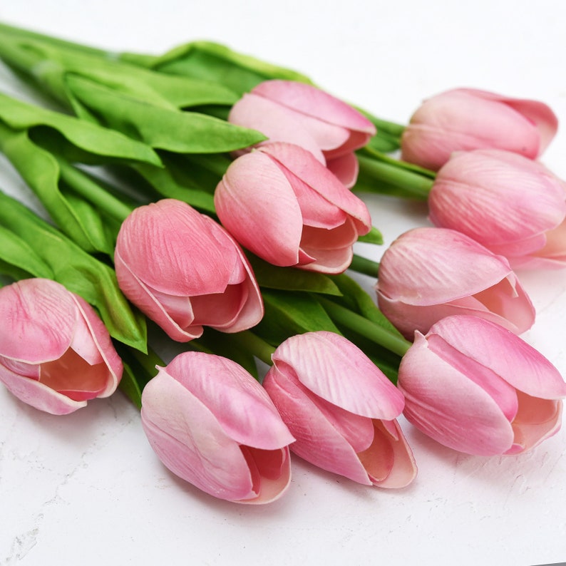K&ouml;nnte beinhalten: Ein Strau&szlig; k&uuml;nstlicher rosa Tulpen mit gr&uuml;nen Stielen. Die Tulpen sind f&auml;cherf&ouml;rmig angeordnet, wobei die Spitzen der Bl&uuml;ten nach au&szlig;en zeigen.