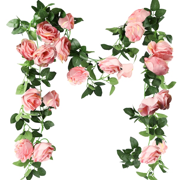 FiveSeasonStuff 2pcs Artificial Silk Rose Garland Vine Plant Flower Leaves (Total 14.4 ft length/ 4.4meters) for Decoration, Wedding (Pink)