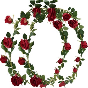 FiveSeasonStuff 2 Pcs 11.4ft Bendable Flower Garland Artificial Silk Rose Vine Leaves Hanging Face Flowers for Wall Decoration Wreaths (Red)