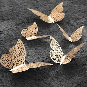 FiveSeasonStuff 24pcs 3D Champagne Gold|Silver|Rose Gold Mirror Hollow Butterfly Wall Stickers Style 2