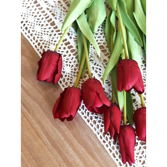 Fiveseasonstuff 10 Stems of red Soft and Long Stem Real Touch Tulip  Artificial Flowers Bouquet, Wedding, Bridal, Home Decor 