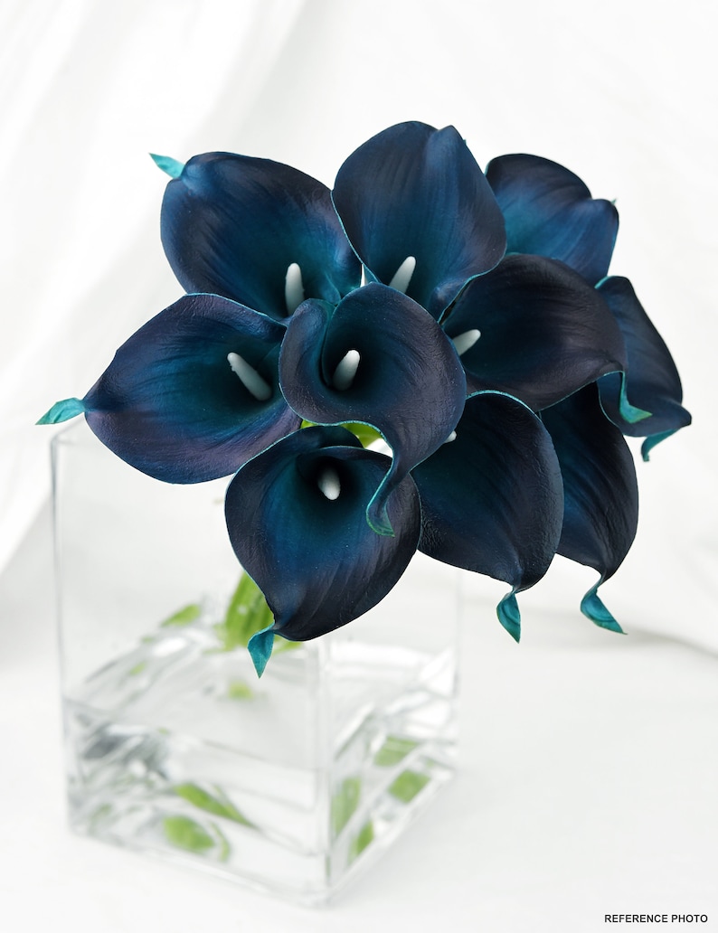 May include: A bouquet of teal blue calla lilies in a clear glass vase. The lilies are arranged in a cluster with the stems facing down.