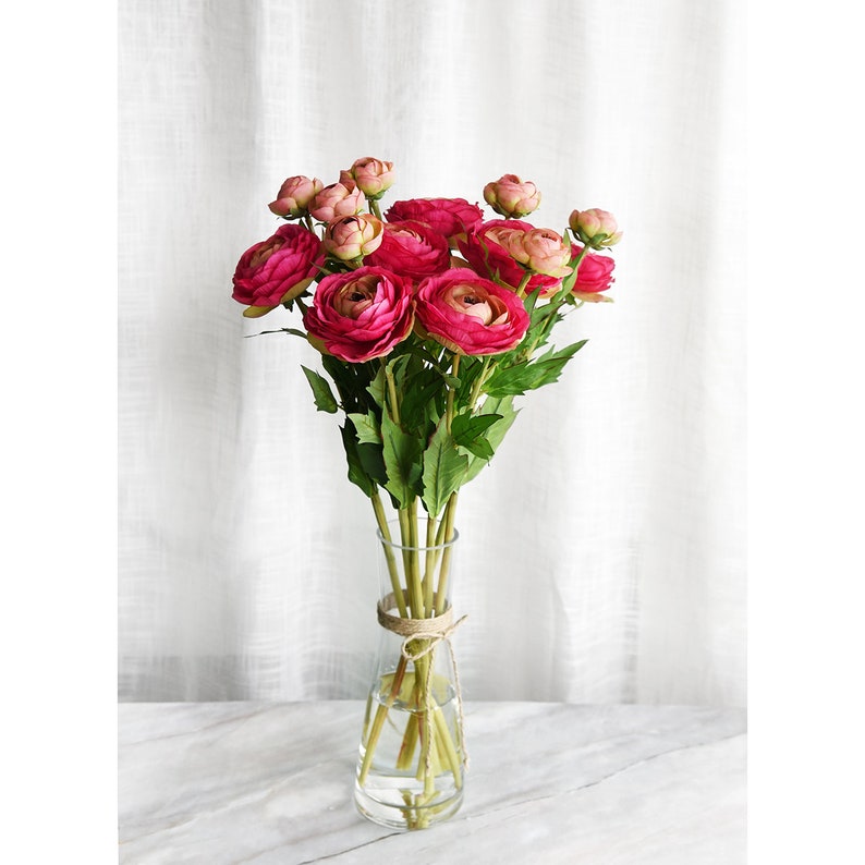 May include: A bouquet of vibrant pink ranunculus flowers in a clear glass vase. The flowers have multiple layers of petals and are accented by green leaves. The vase is tied with twine and sits on a marble surface.