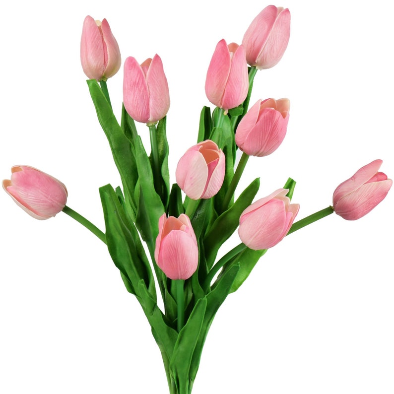 K&ouml;nnte beinhalten: Ein Strau&szlig; k&uuml;nstlicher rosa Tulpen mit gr&uuml;nen Stielen und Bl&auml;ttern.
