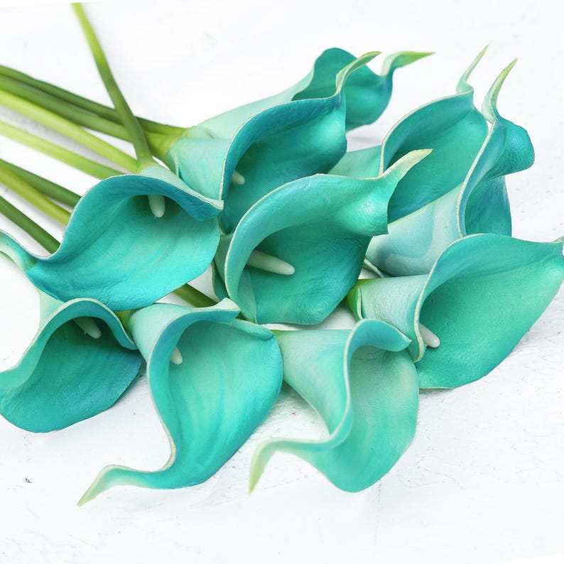 10 lys calla bleu aqua : tiges en PU au toucher réel pour vases image 2