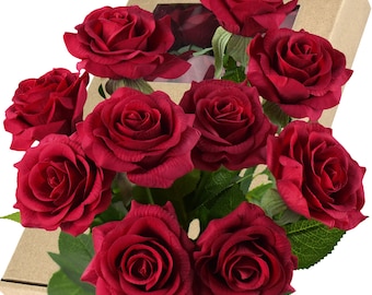 Passionate Red Real Touch Roses Silk Artificial Flowers ‘Petals Feel and Look like Fresh Roses' 10 Stems - FiveSeasonStuff Floral