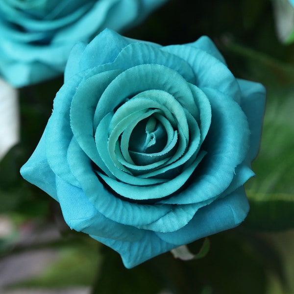 Blue with Hint of Teal Real Touch Roses Silk Artificial Flowers ‘Petals Feel and Look like Fresh Roses' 10 Stems - FiveSeasonStuff Floral