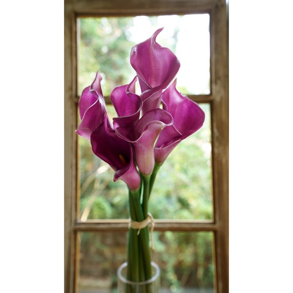 5 Fiori Artificiali Calla In Lattice - Veri Al Tattoo, Stelo Lungo 56 Cm - Bouquet Fai Da Te, Viola Chiaro