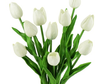 FiveSeasonStuff 10 Tiges de (Blanc) Real Touch Tulip Fleurs Artificielles Bouquet, Mariage, Nuptiale, Décoration intérieure, Vacances, Jardin DIY