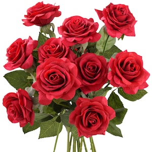 Red Artificial Rose Bouquet: Faux Silk Flower Stems