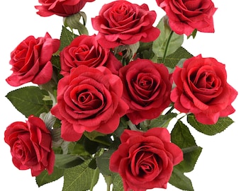 Red Artificial Rose Bouquet: Faux Silk Flower Stems