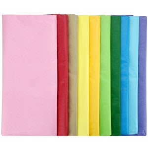 Puede incluir: Un conjunto de diez hojas de papel de seda en varios colores, incluyendo rosa, rojo, marrón, amarillo, verde claro, verde oscuro, azul y morado.