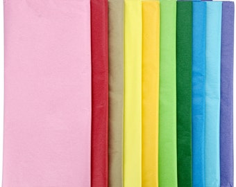 Könnte beinhalten: Ein Set aus zehn Seidenpapierbögen in verschiedenen Farben, darunter rosa, rot, braun, gelb, hellgrün, dunkelgrün, blau und lila.