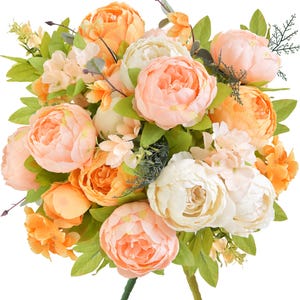 Orange & Ivory Peony Bouquet – 2 Faux Flower Bundles in Cream, Peach, and Soft Orange for Year-Round Weddings, Gifts and Home Styling