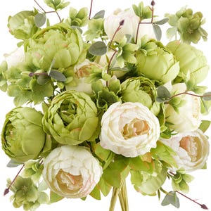 Mossgrün & Creme Peony Bouquet Bundles, 2er-Set - Seidenblumen für Vasen