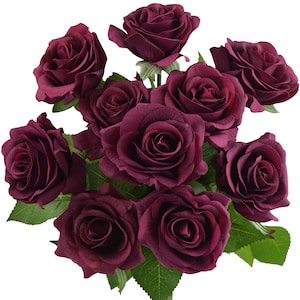 Cranberry Red Real Touch Roses Silk Artificial Flowers ‘Petals Feel and Look like Fresh Roses' 10 Stems - FiveSeasonStuff Floral
