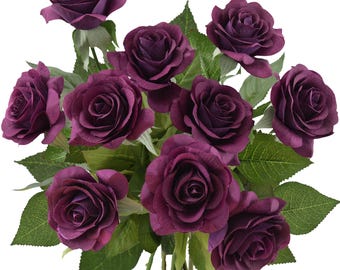 Plum Purple Artificial Roses – Faux Silk Flower Stems