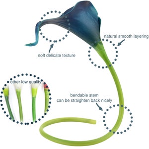 May include: A blue artificial calla lily with a bendable stem. The stem is shown straightened back nicely. The flower has a soft, delicate texture and natural smooth layering. The image also shows other low quality calla lilies for comparison.