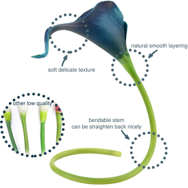 May include: A blue artificial calla lily with a bendable stem. The stem is shown straightened back nicely. The flower has a soft, delicate texture and natural smooth layering. The image also shows other low quality calla lilies for comparison.