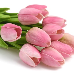 K&ouml;nnte beinhalten: Ein Strau&szlig; rosa Tulpen mit gr&uuml;nen Stielen. Die Tulpen sind in einer Gruppe angeordnet, wobei die Bl&uuml;ten nach au&szlig;en zeigen.